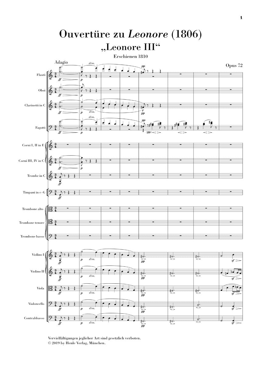 Beethoven Overture No. 3 for the Opera 'Leonore' (1806) Study Score