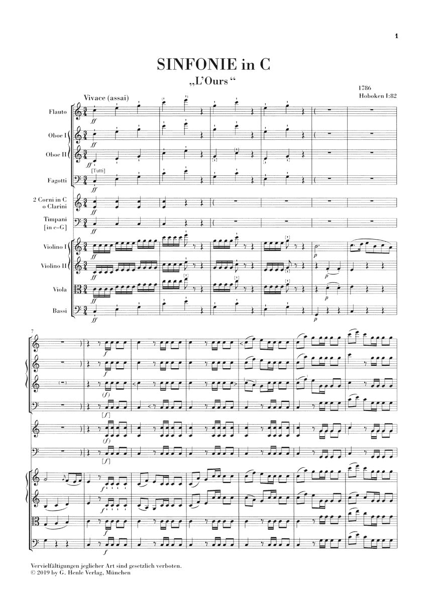 Haydn Symphony C Major Hob. I:82 (L'ours) Orchestra Study Score