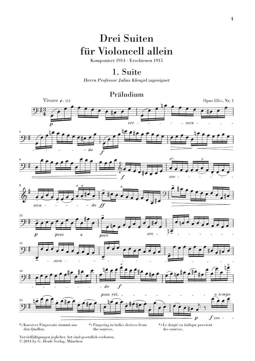 Reger 3 Suites for Violoncello Solo Op. 131c