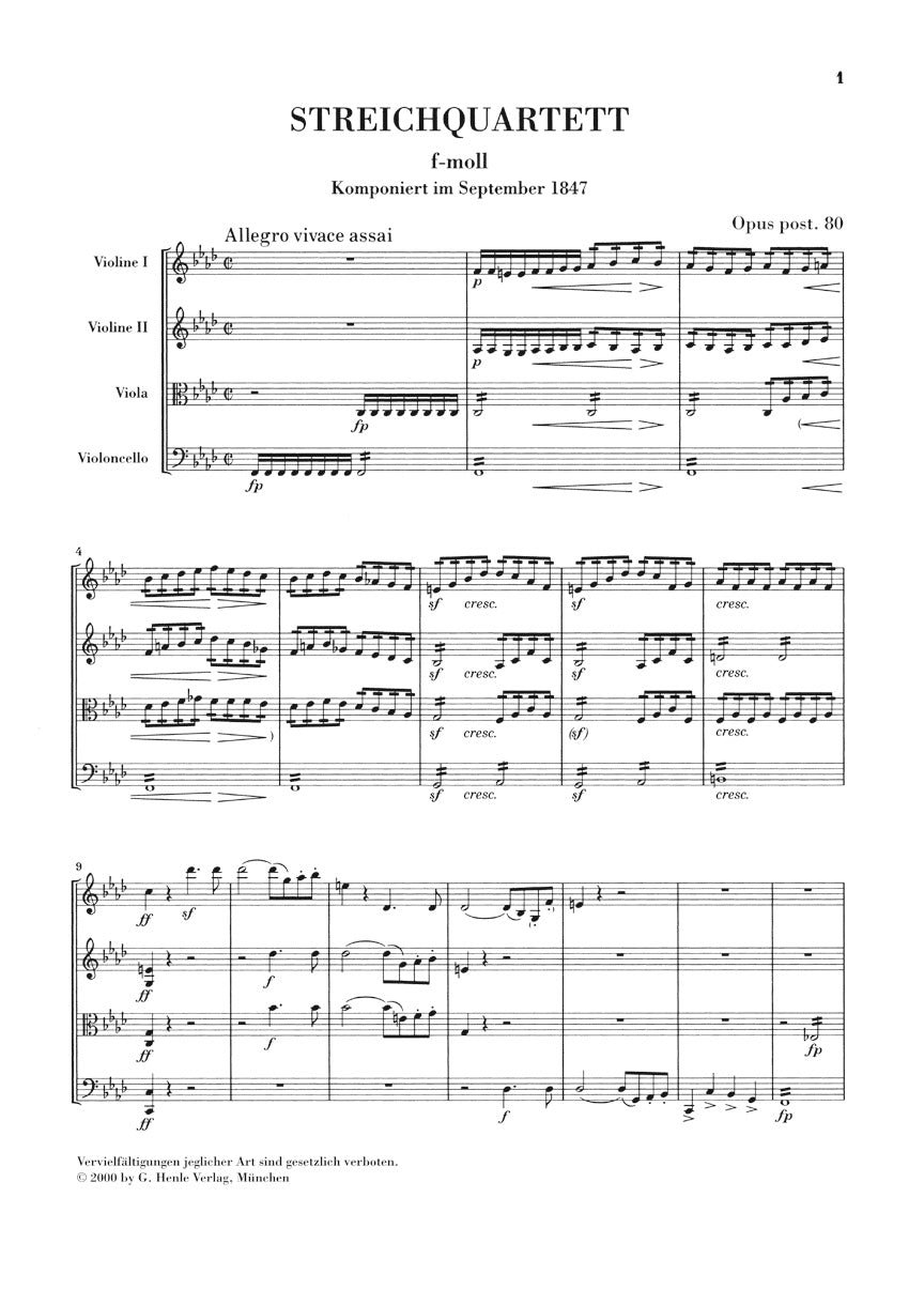 Mendelssohn String Quartet in F minor Opus Posthumous 80