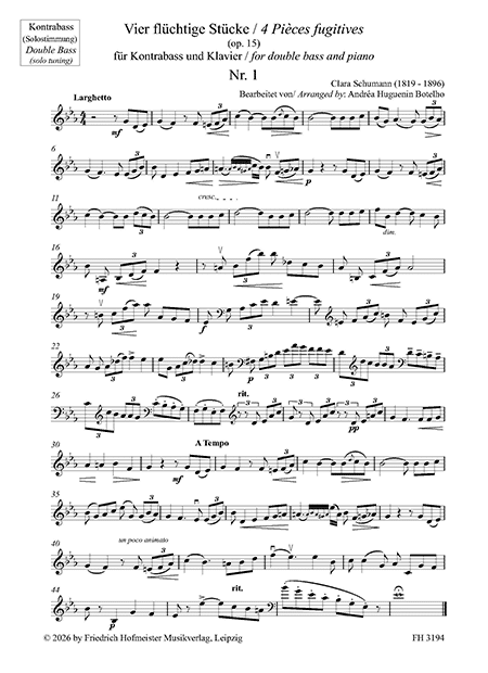 Clara Schumann: 4 Fleeting Pieces, Op. 15 - Double Bass and Piano