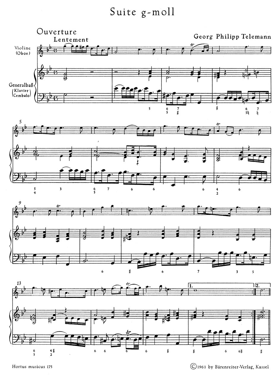 Telemann Suite for Violin (Oboe) and Bc G minor "Der getreue Musikmeister", Hamburg 1728-