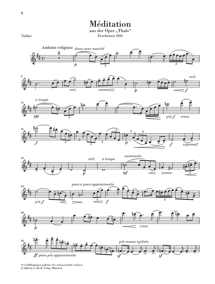 Massenet: Méditation (from "Thaïs") Violin and Piano, sample page 2 (Henle Horizons, HN 8200)