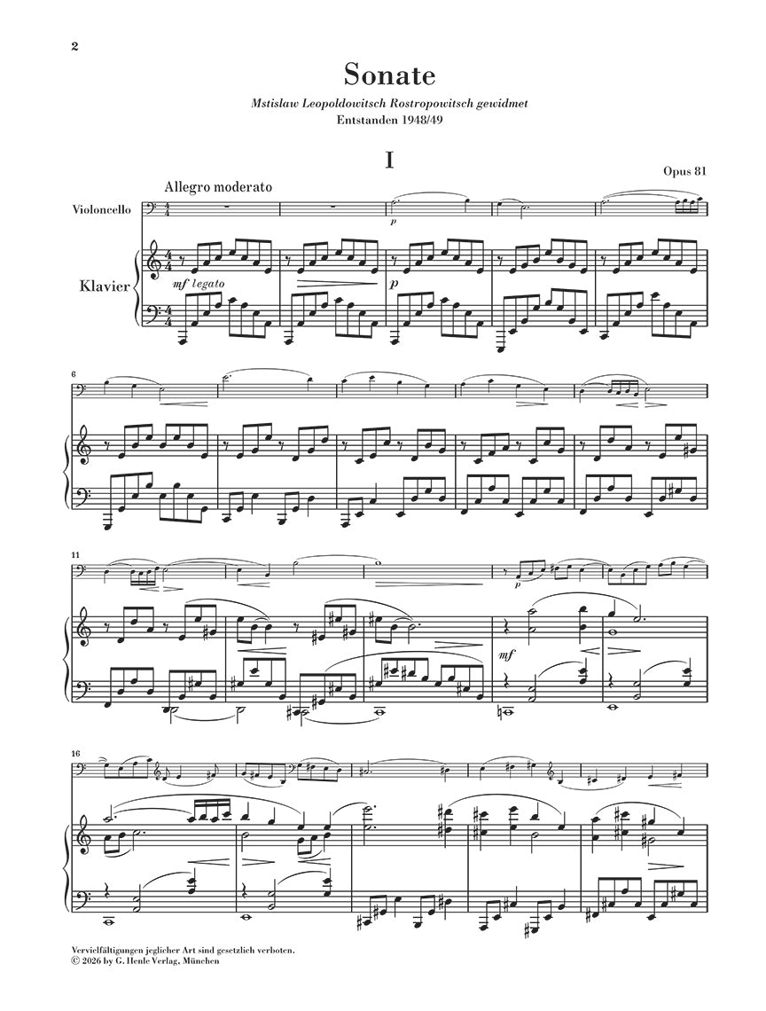 Myaskovsky: Cello Sonata No. 2 A Minor Op. 81 Cello and Piano, sample page 1 (Henle Horizons, HN 8201)