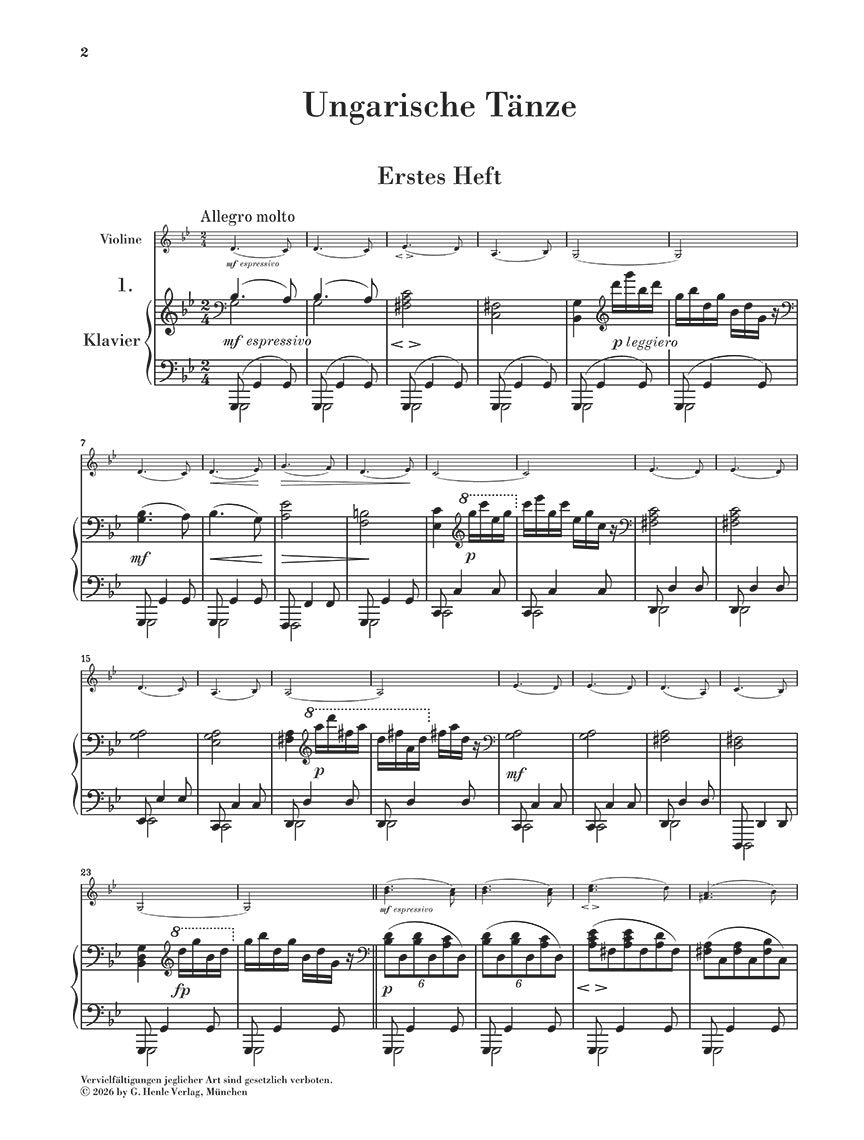 Brahms: 21 Hungarian Dances WoO 1 Violin and Piano, sample page 1 (Henle Horizons, HN 8202)