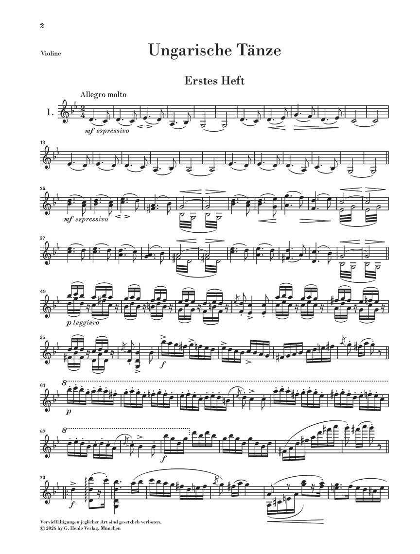 Brahms: 21 Hungarian Dances WoO 1 Violin and Piano, sample page 2 (Henle Horizons, HN 8202)