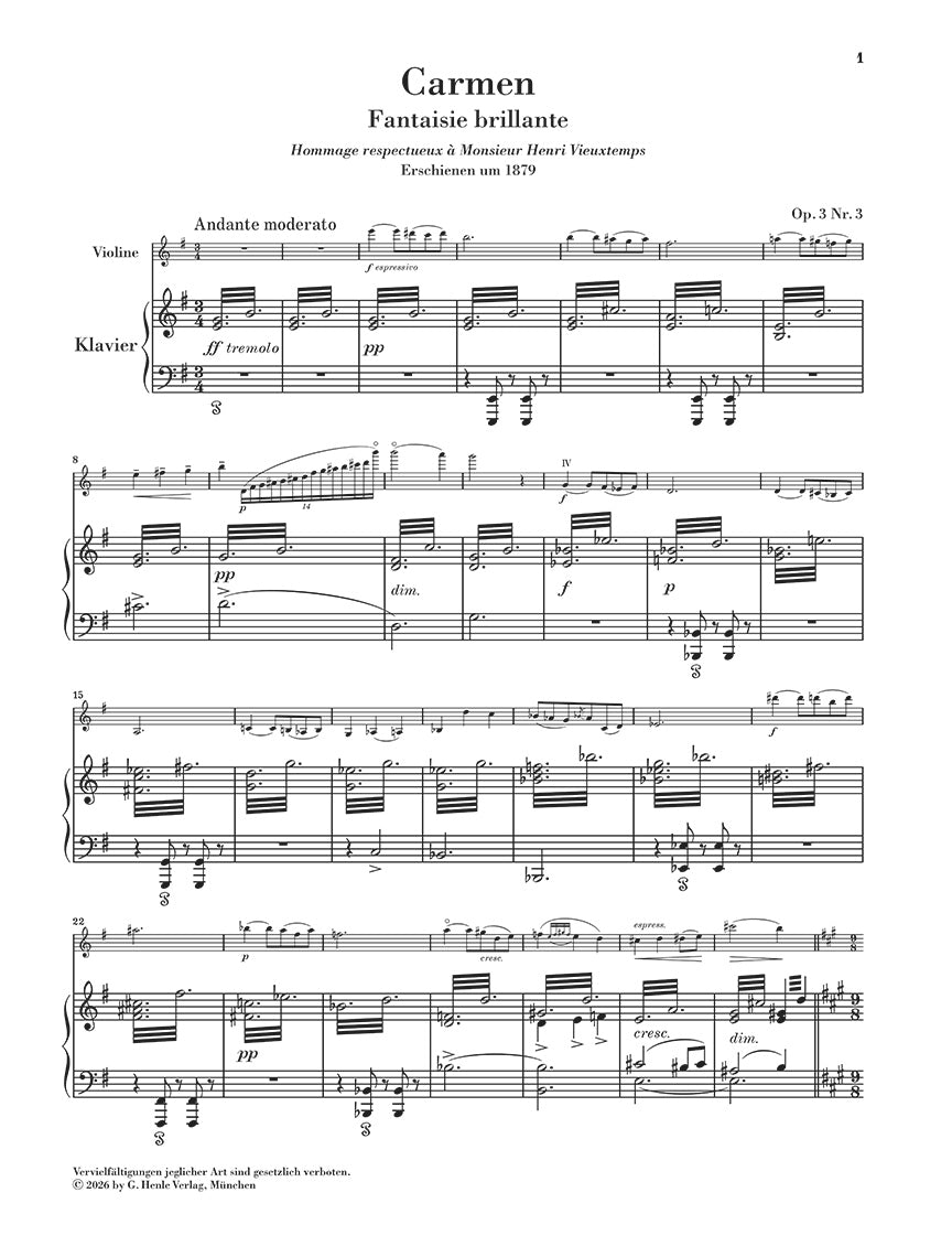 Hubay: Carmen, Fantaisie brillante Op. 3 No. 3 Violin and Piano, sample page 1 (Henle Horizons, HN 8203)