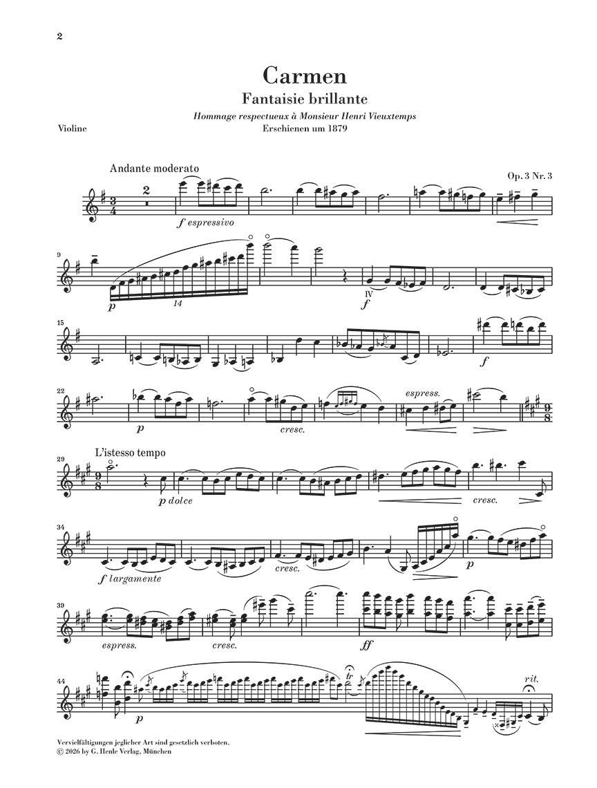Hubay: Carmen, Fantaisie brillante Op. 3 No. 3 Violin and Piano, sample page 2 (Henle Horizons, HN 8203)