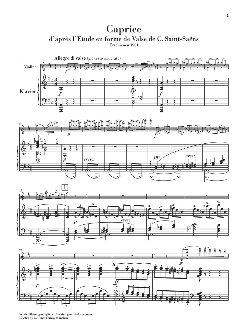 Ysaÿe: Caprice after Saint-Saëns' "Étude en forme de Valse" Violin and Piano, sample page 1 (Henle Horizons, HN 8204)