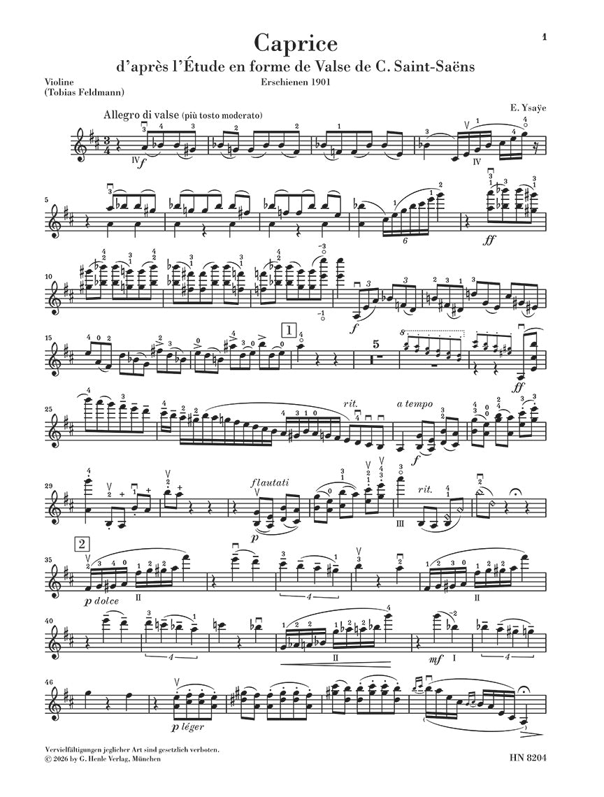 Ysaÿe: Caprice after Saint-Saëns' "Étude en forme de Valse" Violin and Piano, sample page 2 (Henle Horizons, HN 8204)