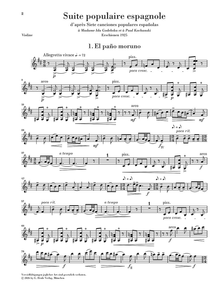 Falla: Suite populaire espagnole Violin and Piano, sample page 2 (Henle Horizons, HN 8205)
