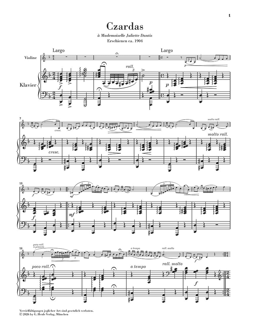 Monti: Czardas Violin and Piano, sample page 1 (Henle Horizons, HN 8209)