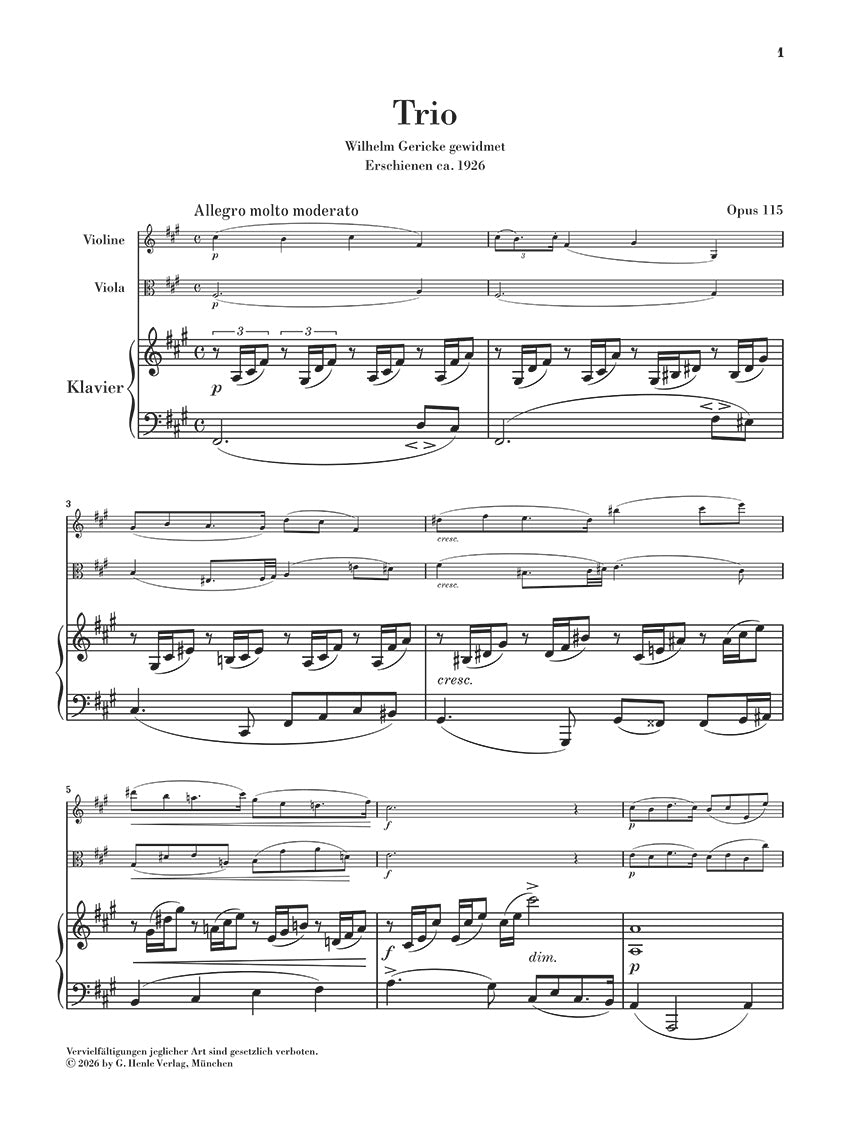 Fuchs: Trio F-sharp Minor Op. 115 Violin, Viola and Piano, sample page 1 (Henle Horizons, HN 8212)