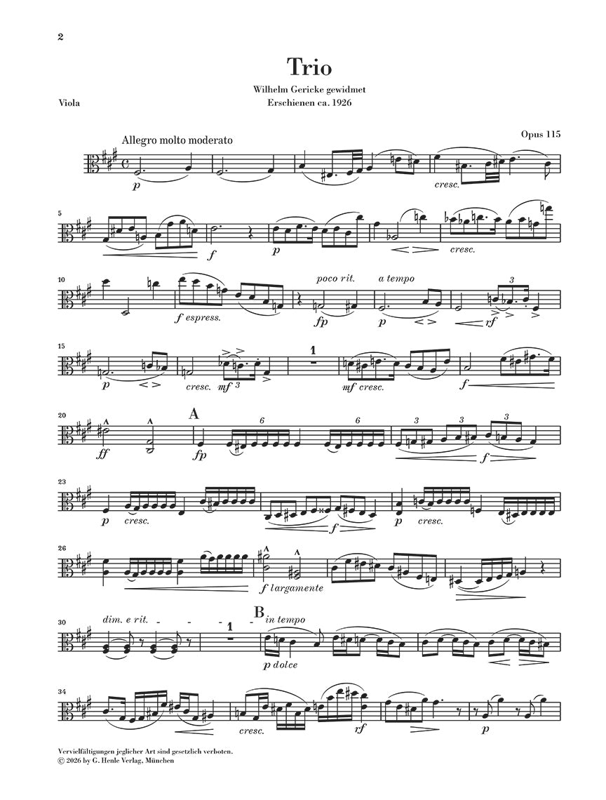 Fuchs: Trio F-sharp Minor Op. 115 Violin, Viola and Piano, sample page 3 (Henle Horizons, HN 8212)