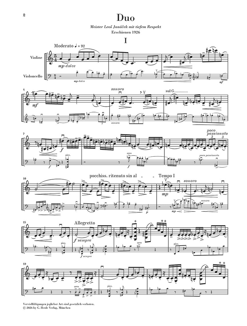 Schulhoff: Duo Violin and Cello, sample page 1 (Henle Horizons, HN 8215)