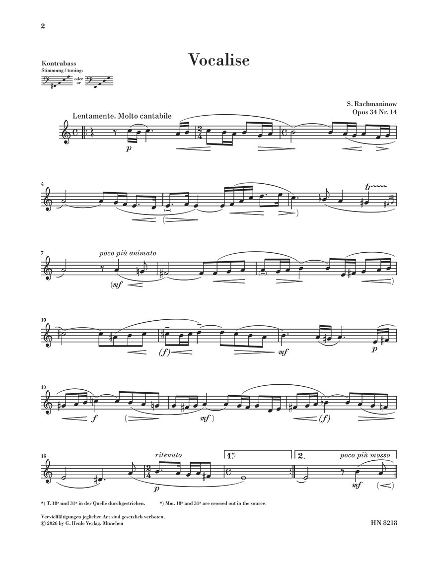 Rachmaninoff: Vocalise Op. 34 No. 14 Double Bass and Piano, sample page 2 (Henle Horizons, HN 8218)