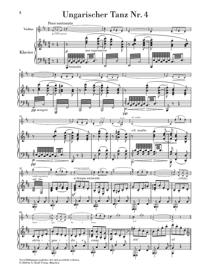 Brahms: Hungarian Dance No. 4 WoO 1 Violin and Piano, sample page 1 (Henle Horizons, HN 8228)