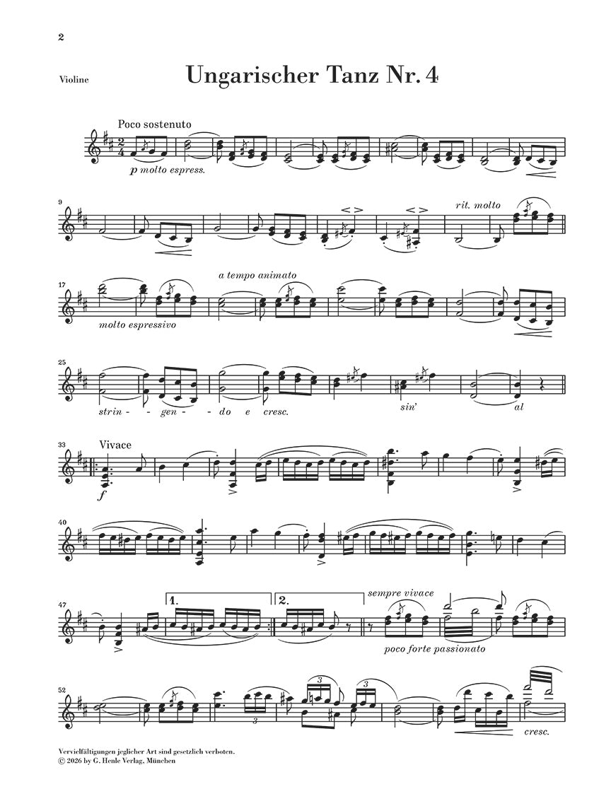 Brahms: Hungarian Dance No. 4 WoO 1 Violin and Piano, sample page 2 (Henle Horizons, HN 8228)