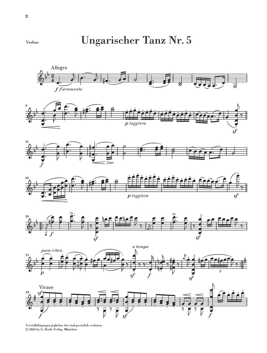 Brahms: Hungarian Dance No. 5 WoO 1 Violin and Piano, sample page 2 (Henle Horizons, HN 8229)