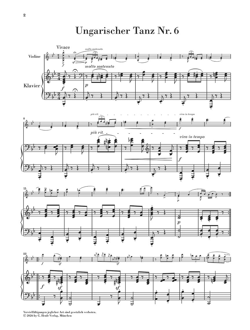 Brahms: Hungarian Dance No. 6 WoO 1 Violin and Piano, sample page 1 (Henle Horizons, HN 8230)