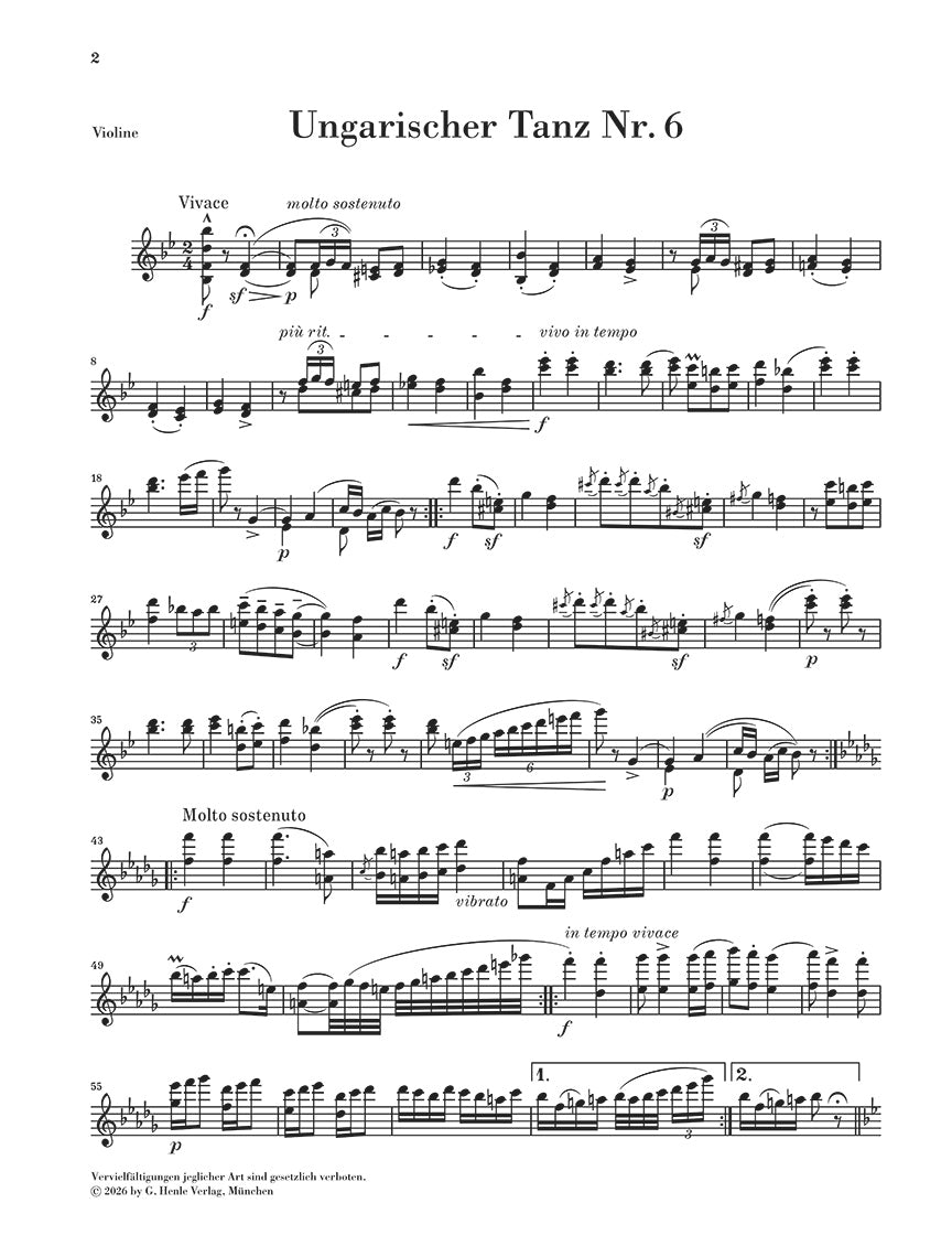 Brahms: Hungarian Dance No. 6 WoO 1 Violin and Piano, sample page 2 (Henle Horizons, HN 8230)