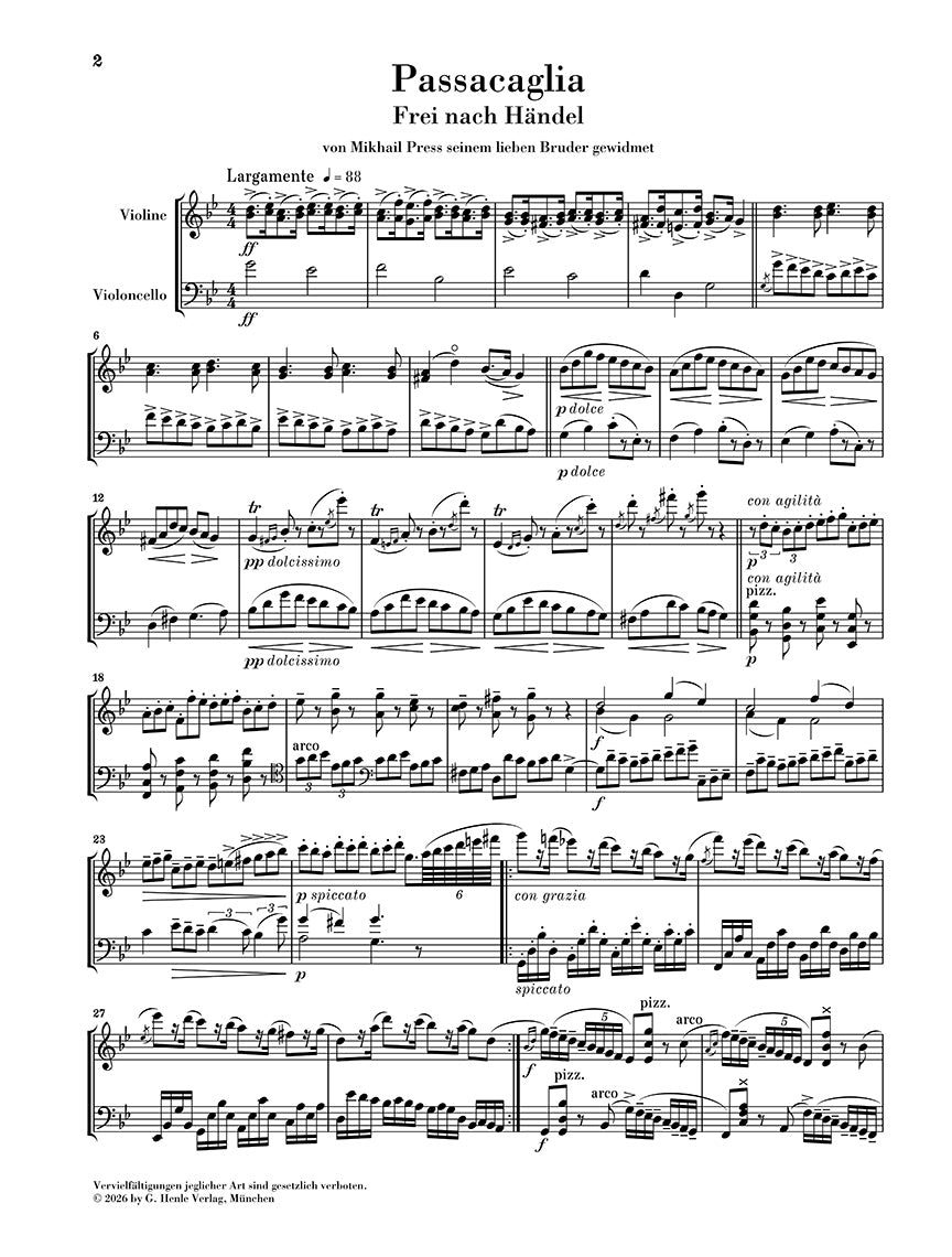 Halvorsen: Passacaglia after Handel Violin and Cello, sample page 2 (Henle Horizons, HN 8240)
