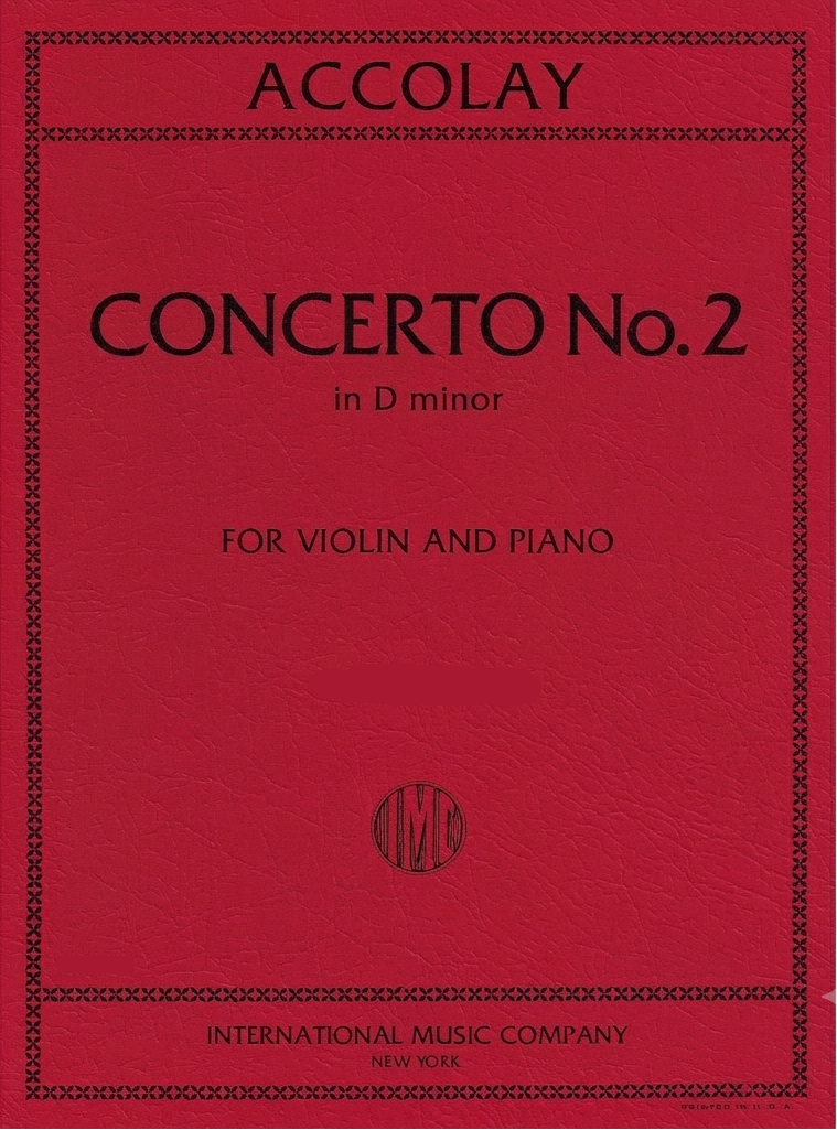 Red sheet music cover for Accolay Concerto No. 2 in D minor, for violin and piano, published by International Music Company.