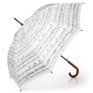 Umbrella: Large White Umbrella with sheet music pattern and curved handle