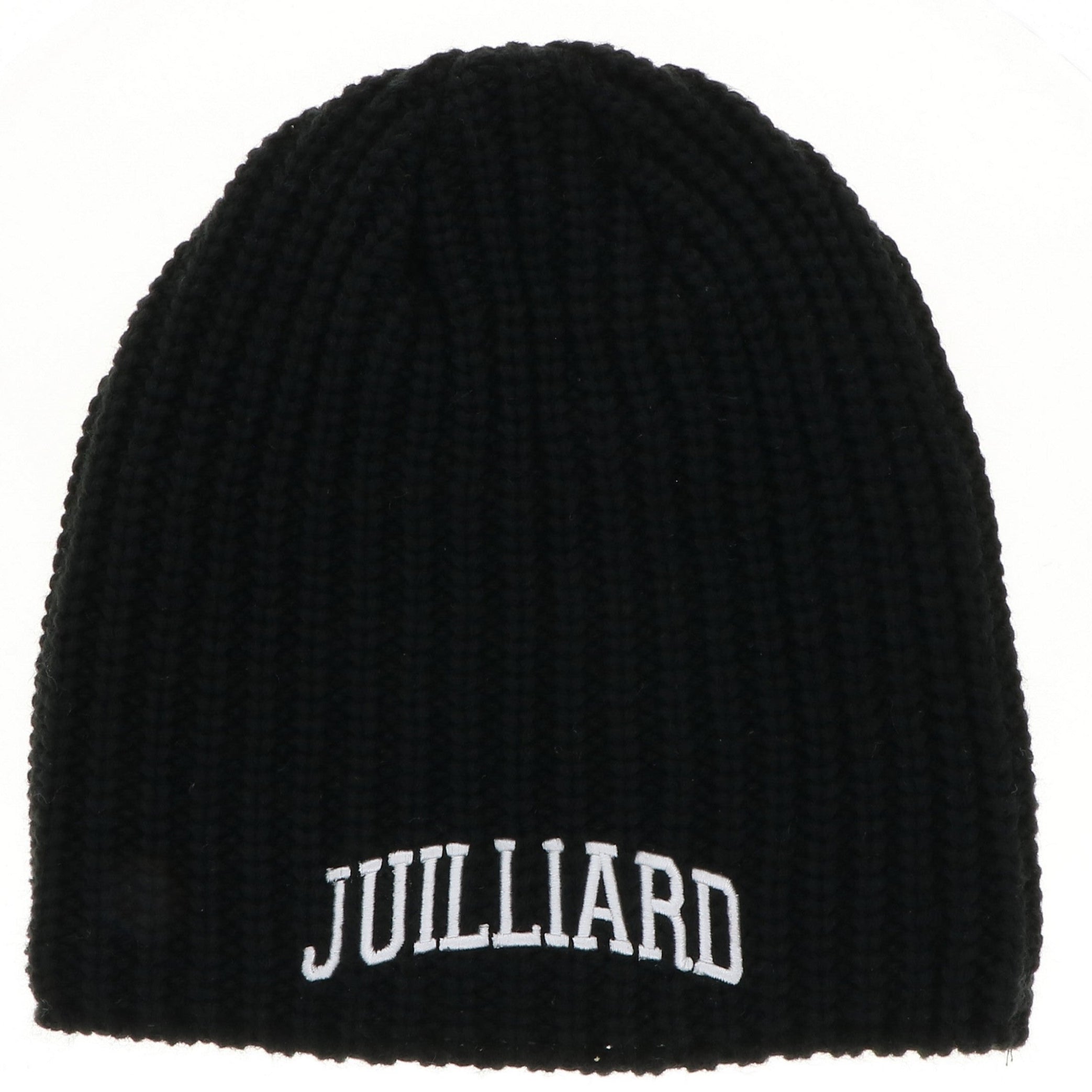 Beanie: Juilliard black knit embroidered collegiate logo in white/ inside lining soft fleece