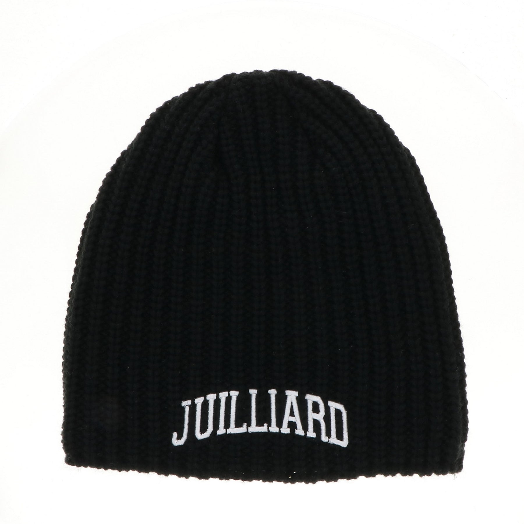 Beanie: Juilliard black knit embroidered collegiate logo in white/ inside lining soft fleece