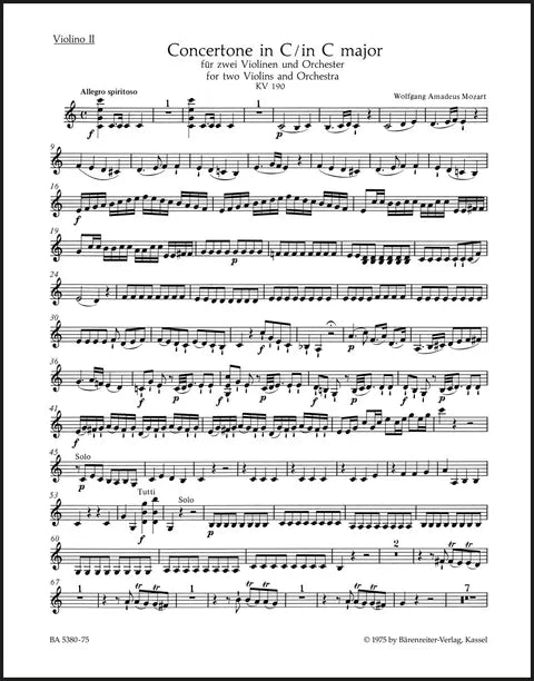 Mozart: Concertone for 2 Violins in C Major, K. 190 (186e): Violin II Part