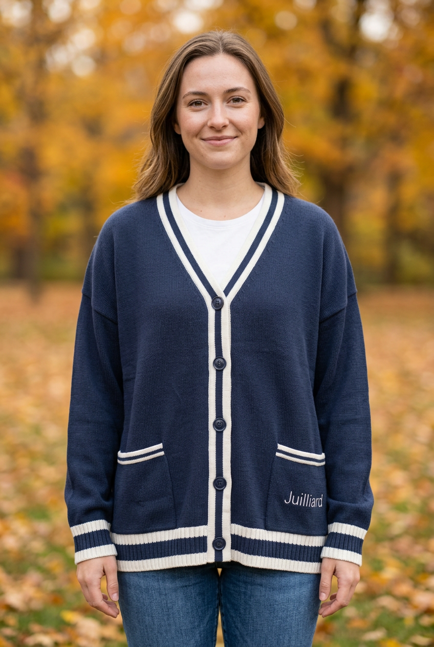 Fresh image of the Juilliard cardigan buttoned closed in an autumn park