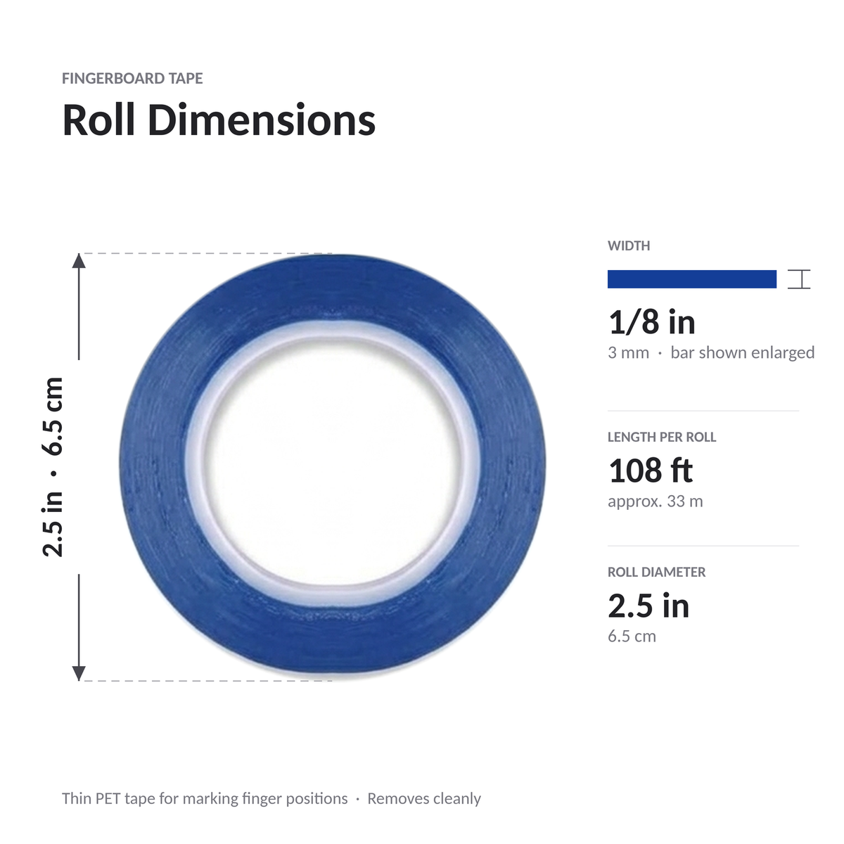 Fingerboard tape roll dimensions: 1/8 in (3 mm) wide, 108 ft (33 m) long, 2.5 in (6.5 cm) roll diameter