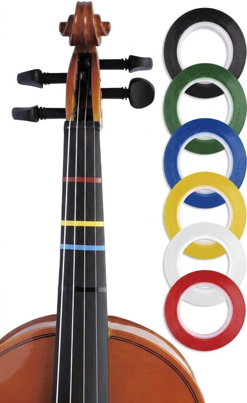 Violin fingerboard marked with colored tape, beside rolls of fingerboard tape in six colors