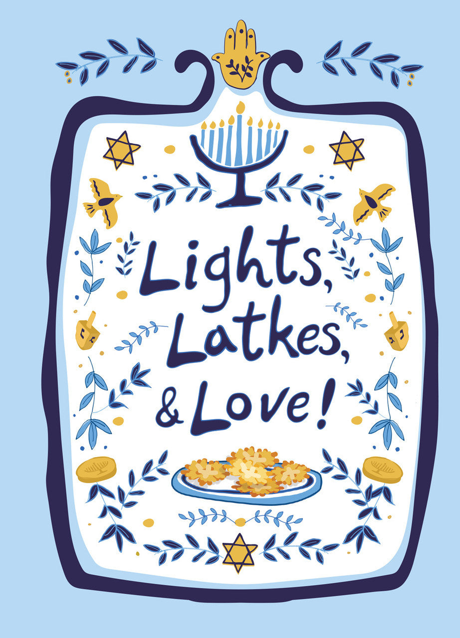 Card: Lights. Latkes, & Love! (Inside: "Happy Hanukkah")