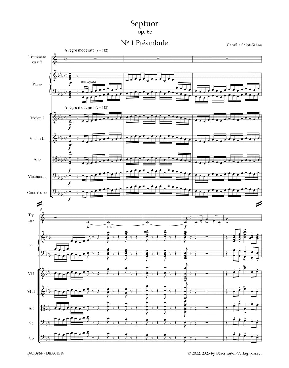 Saint-Saëns: Septuor for Trumpet, Piano, two Violins, Viola, Cello and Double Bass in E-flat Major, Op. 65 (Full Score)