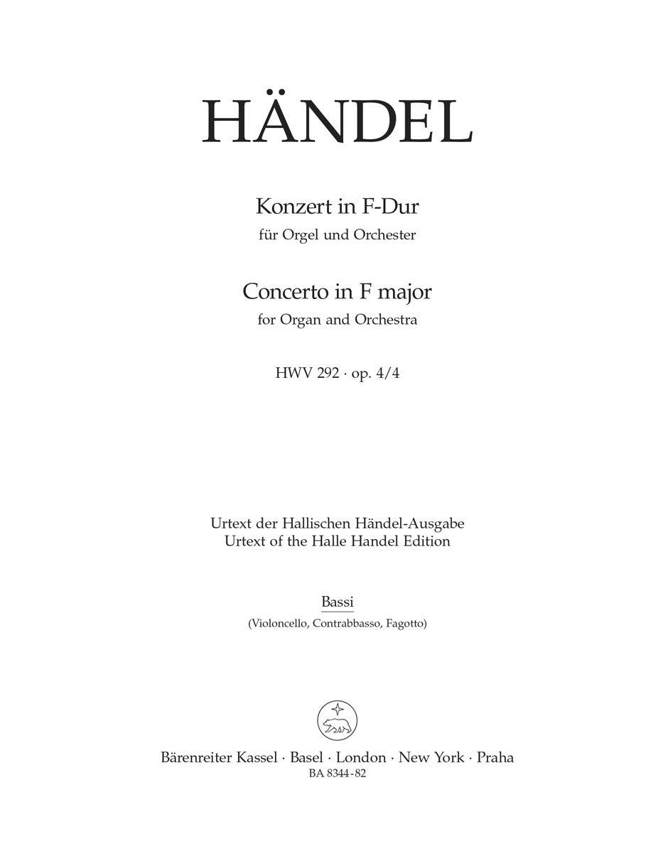 Handel Concerto for Organ and Orchestra in F major op. 4/4 HWV 292 - Cello/Bass/Bassoon Part