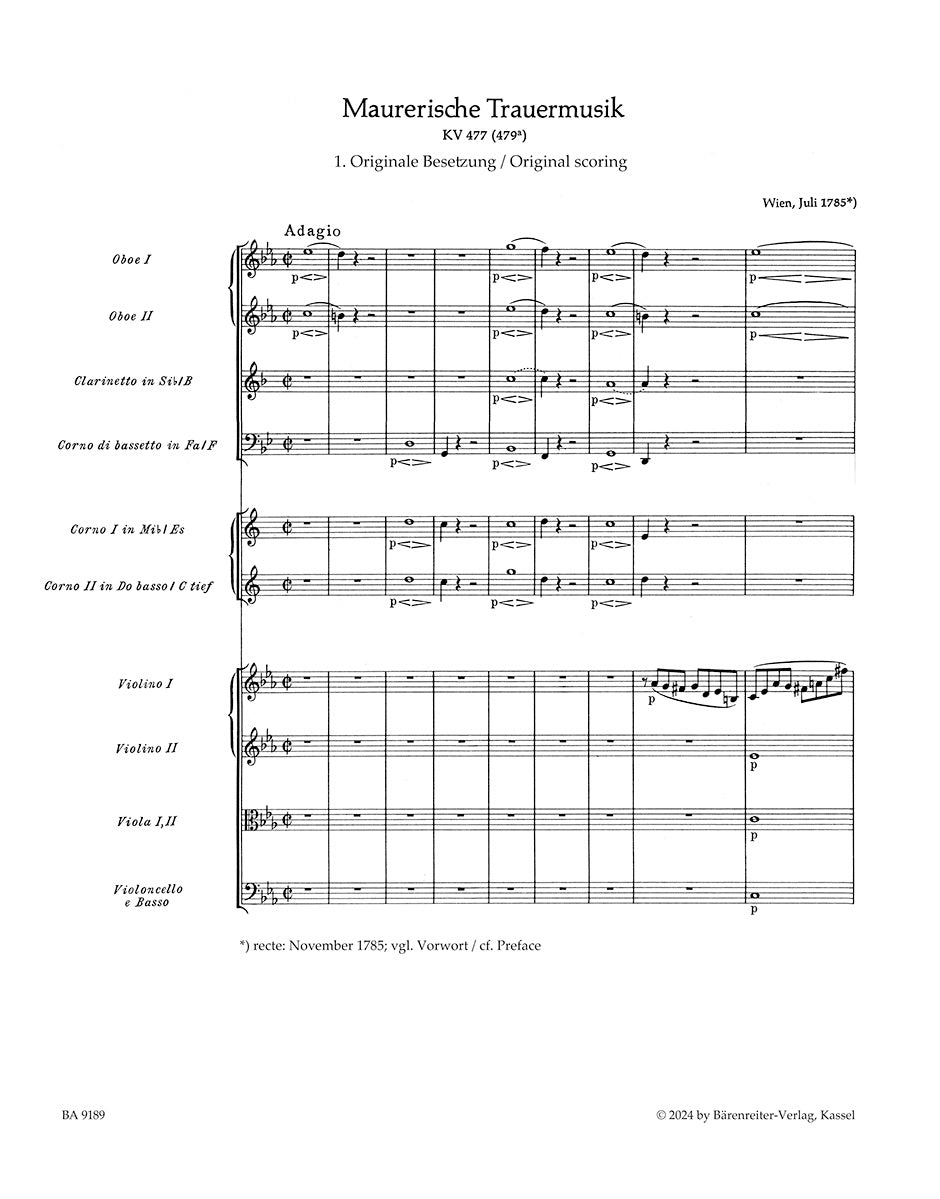 Mozart Masonic Funeral Music K. 477 (479a), Score