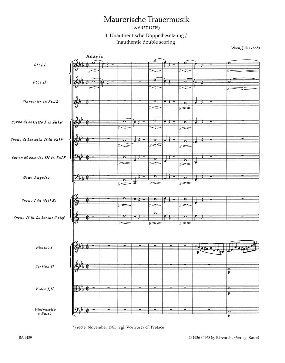 Mozart Masonic Funeral Music K. 477 (479a), Score