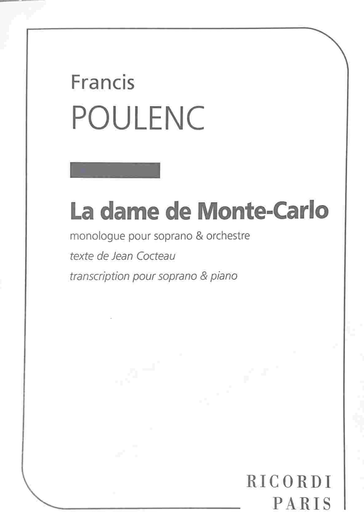 Poulenc: La Dame De Monte Carlo (Vocal Score)
