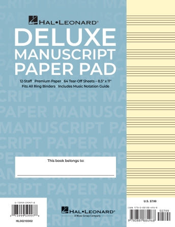 Manuscript Paper Notepad: Hal Leonard, Deluxe Pad (Blue Cover) 64pgs, 12 stave, (8.5"x11")