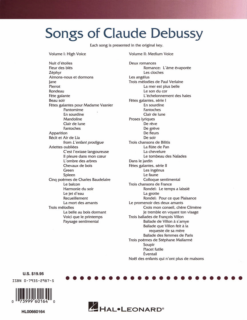 Debussy Songs Of - Volume I HIgh Voice