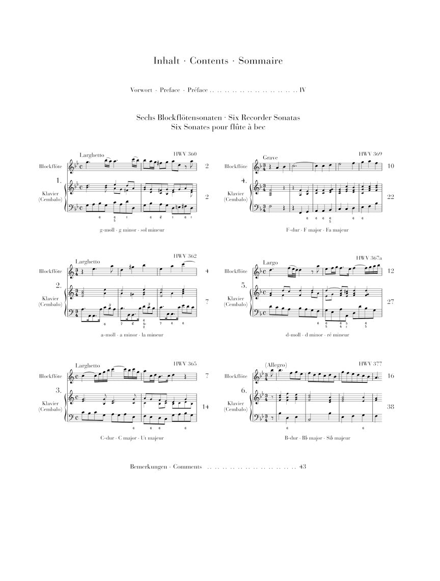 Handel Six Recorder Sonatas Alto Recorder - Solo Part and figured bass generalization