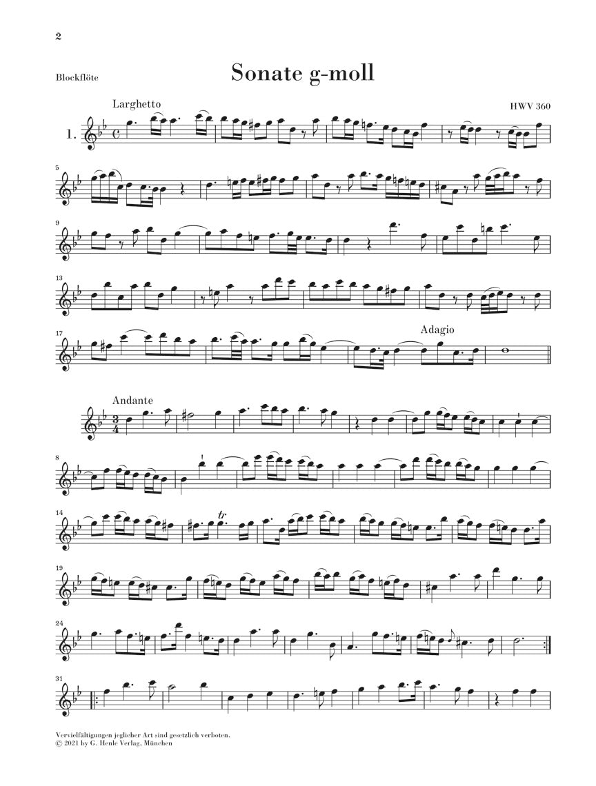 Handel Six Recorder Sonatas Alto Recorder - Solo Part and figured bass generalization