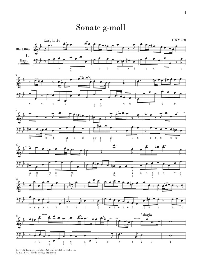 Handel Recorder Sonatas Score - Performance Score With Figured Basso Part, No Realisation