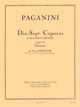 Paganini Dix-sept Caprices Et Mouvement Perpetuel Adaptes A La Clarinette