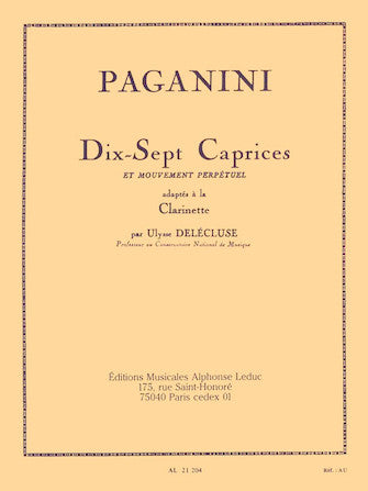 Paganini Dix-sept Caprices Et Mouvement Perpetuel Adaptes A La Clarinette