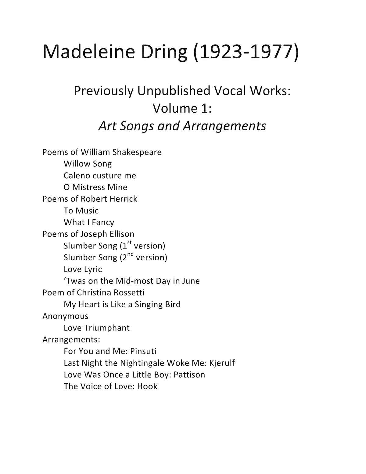 Dring Art Songs and Arrangements Volume 1 - Previously Unpublished Vocal Works