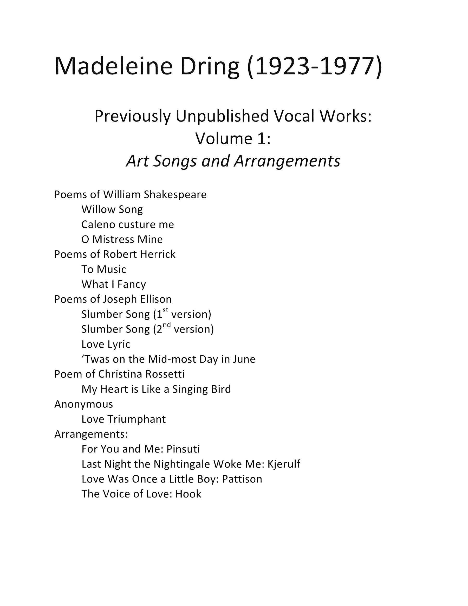 Dring Art Songs and Arrangements Volume 1 - Previously Unpublished Vocal Works