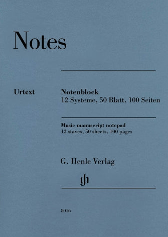 Manuscript Notepad: Henle, 12 staves, 50 sheets, 100pgs (8.3"x11.7")
